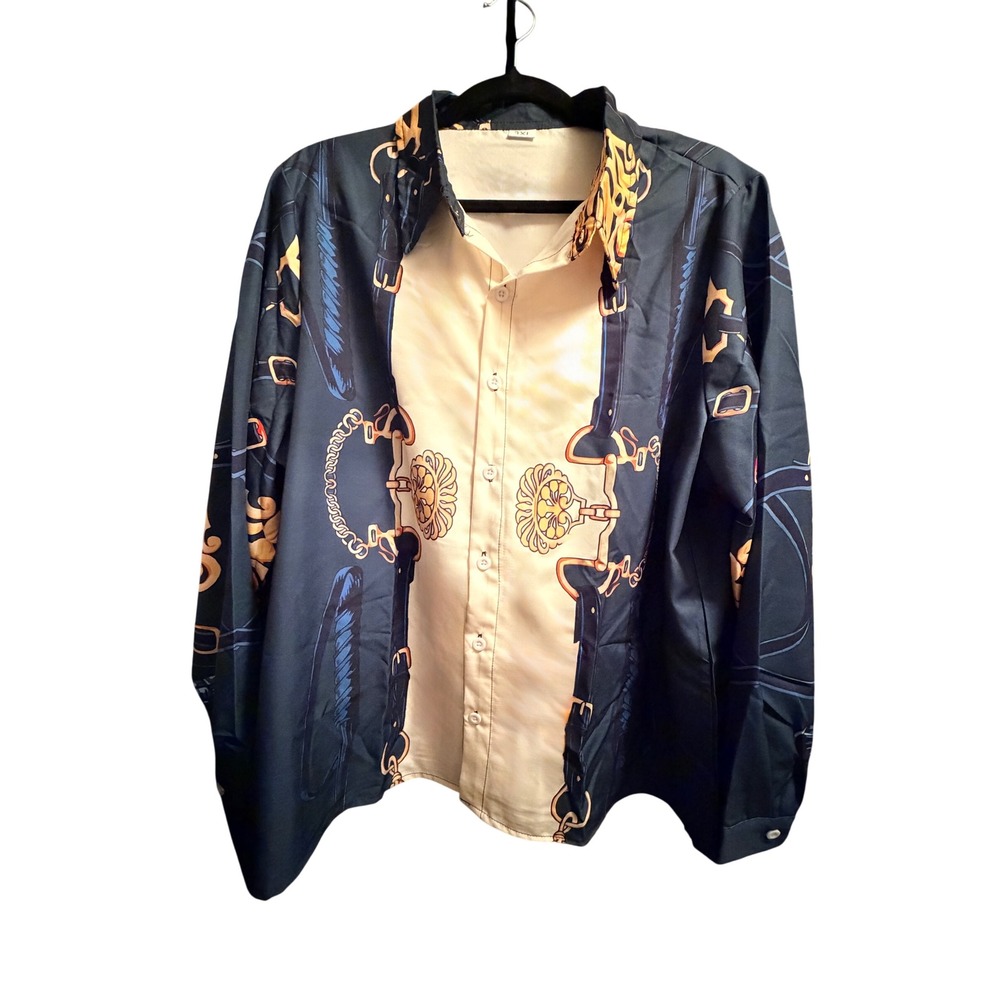 XL Horse Bit Chain Print Button Up Shirt Black‎ Beige Long Sleeve